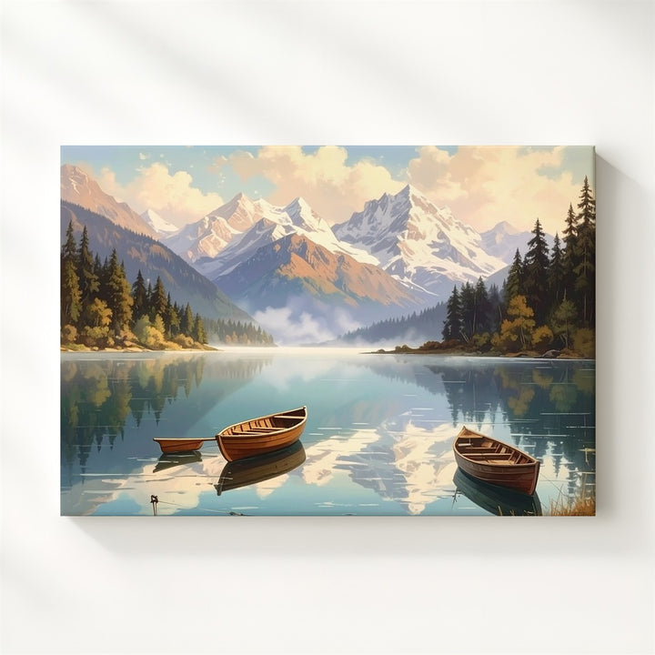 Still Waters Alpine Canvas – Rowboat Reflection with Mountains & Misty Pines - Gifitto