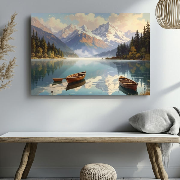 Still Waters Alpine Canvas – Rowboat Reflection with Mountains & Misty Pines - Gifitto