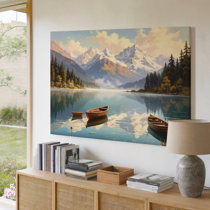 Still Waters Alpine Canvas – Rowboat Reflection with Mountains & Misty Pines - Gifitto