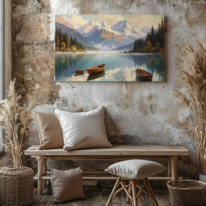 Still Waters Alpine Canvas – Rowboat Reflection with Mountains & Misty Pines - Gifitto