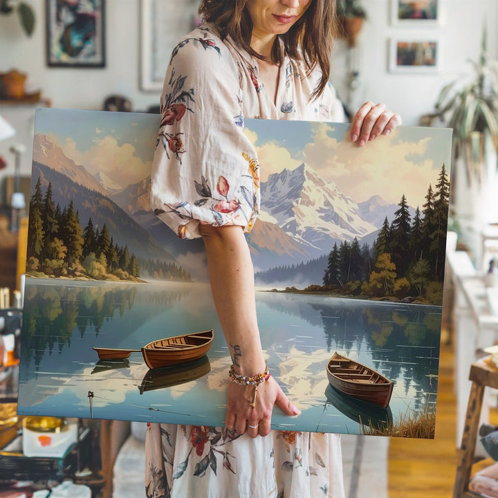 Still Waters Alpine Canvas – Rowboat Reflection with Mountains & Misty Pines - Gifitto