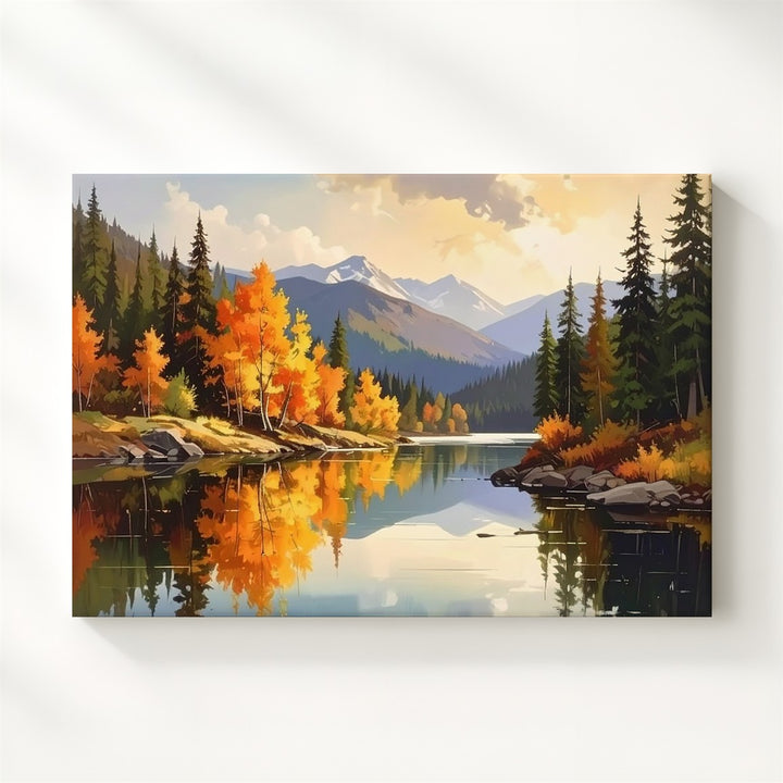 Golden Reflection Canvas – Autumn Forest Mirror Lake with Mountains & Light - Gifitto