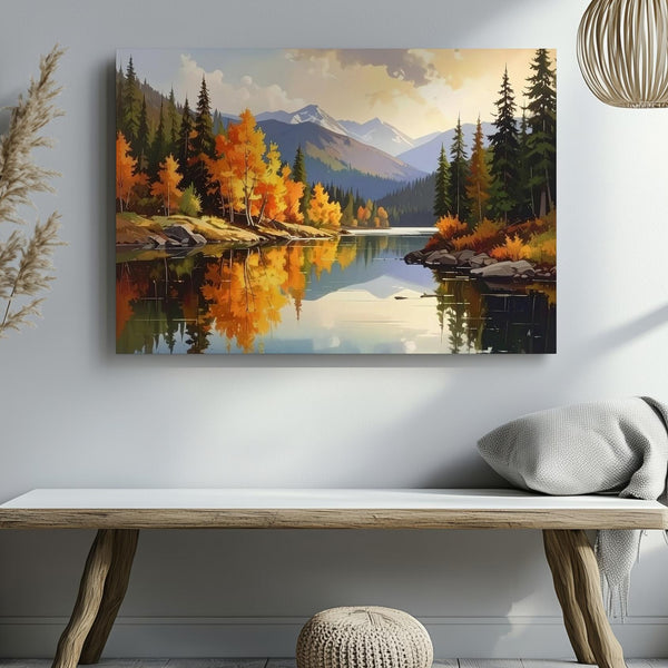 Golden Reflection Canvas – Autumn Forest Mirror Lake with Mountains & Light - Gifitto