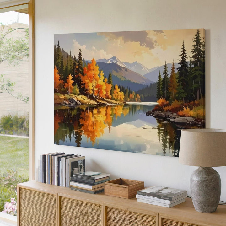 Golden Reflection Canvas – Autumn Forest Mirror Lake with Mountains & Light - Gifitto