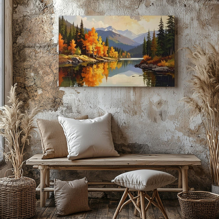 Golden Reflection Canvas – Autumn Forest Mirror Lake with Mountains & Light - Gifitto