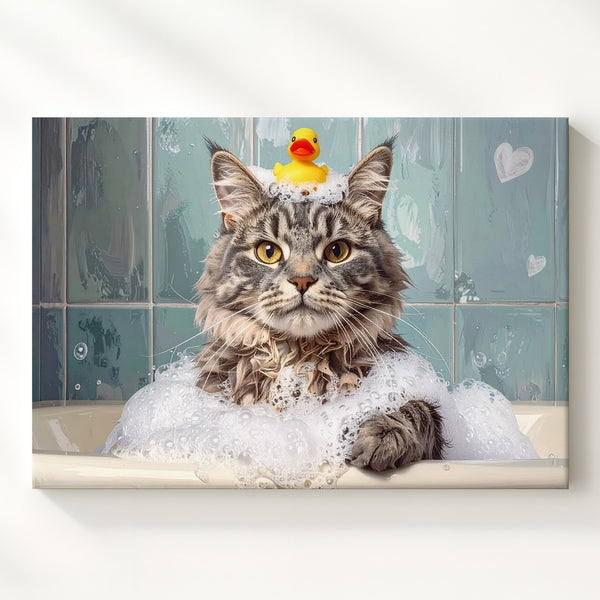 Playful Cat in Bubble Bath Canvas – Fluffy Gray Cat with Party Hat and Rubber Duck - Gifitto