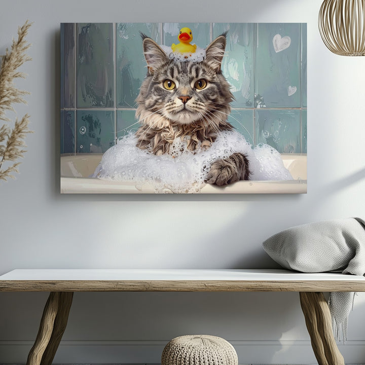 Playful Cat in Bubble Bath Canvas – Fluffy Gray Cat with Party Hat and Rubber Duck - Gifitto