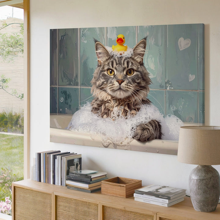 Playful Cat in Bubble Bath Canvas – Fluffy Gray Cat with Party Hat and Rubber Duck - Gifitto