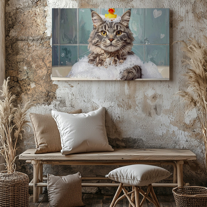 Playful Cat in Bubble Bath Canvas – Fluffy Gray Cat with Party Hat and Rubber Duck - Gifitto