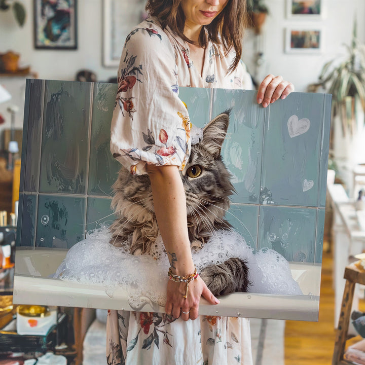 Playful Cat in Bubble Bath Canvas – Fluffy Gray Cat with Party Hat and Rubber Duck - Gifitto