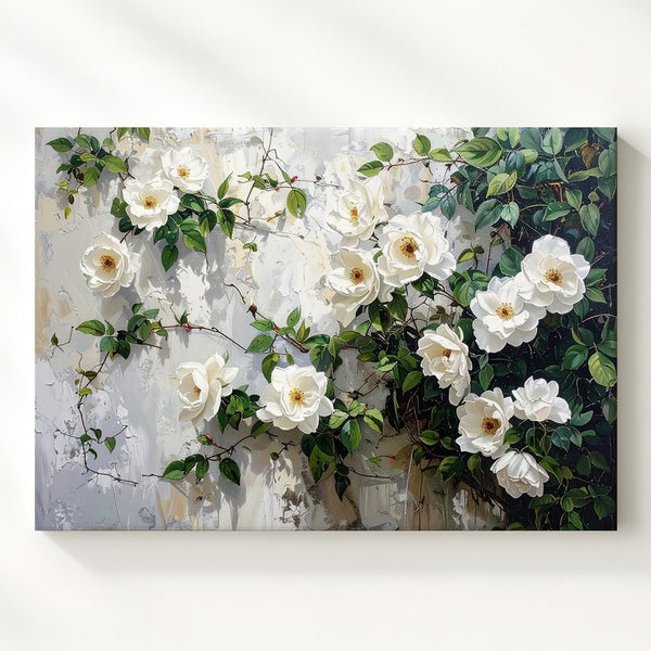 Climbing White Rose Wall Canvas – Realistic Floral Mural-Inspired Art - Gifitto