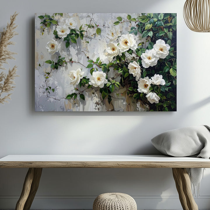 Climbing White Rose Wall Canvas – Realistic Floral Mural-Inspired Art - Gifitto