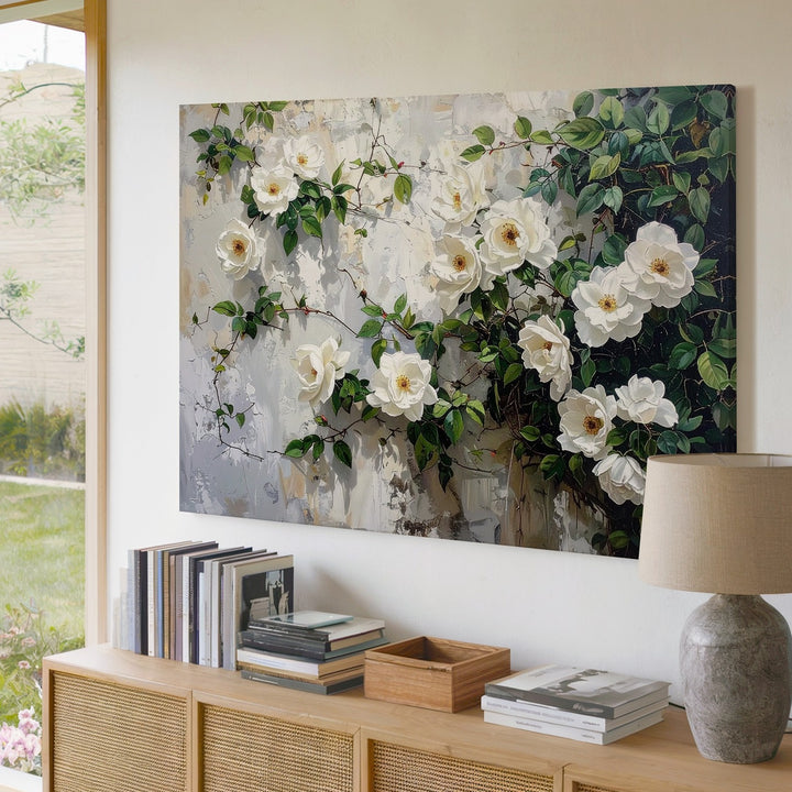 Climbing White Rose Wall Canvas – Realistic Floral Mural-Inspired Art - Gifitto