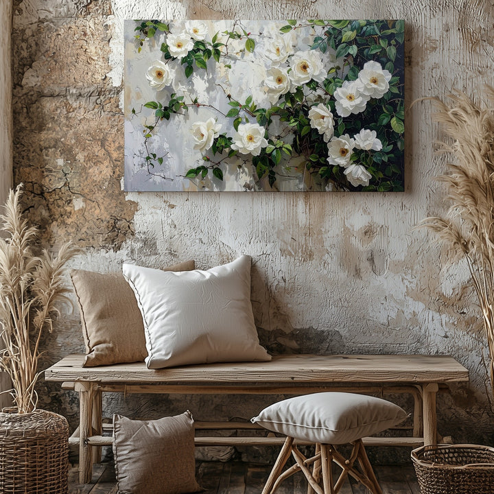 Climbing White Rose Wall Canvas – Realistic Floral Mural-Inspired Art - Gifitto