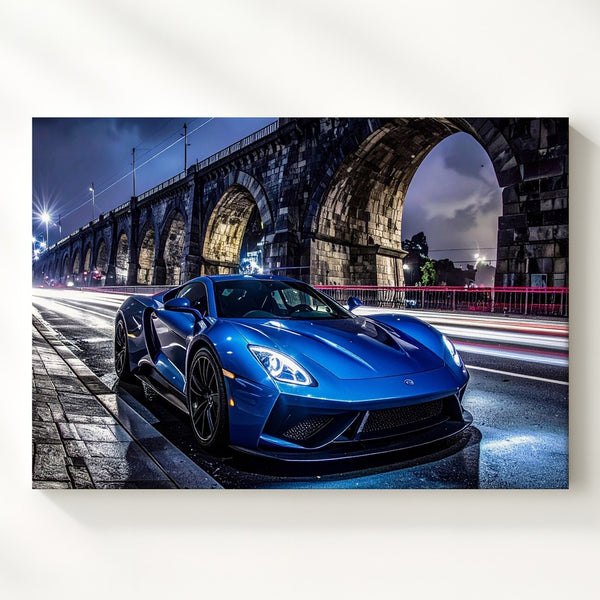 Midnight Velocity Canvas – Futuristic Blue Supercar Under City Bridge - Gifitto