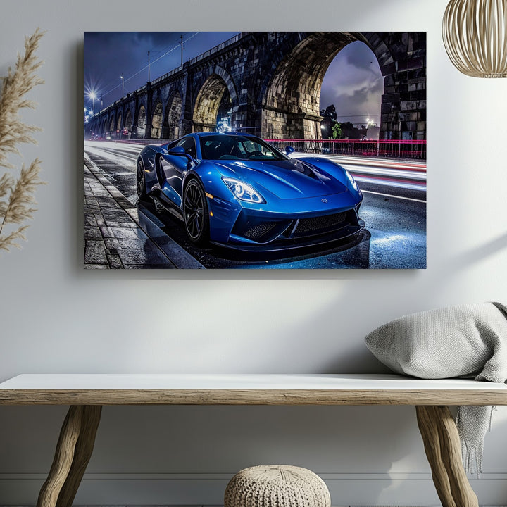 Midnight Velocity Canvas – Futuristic Blue Supercar Under City Bridge - Gifitto