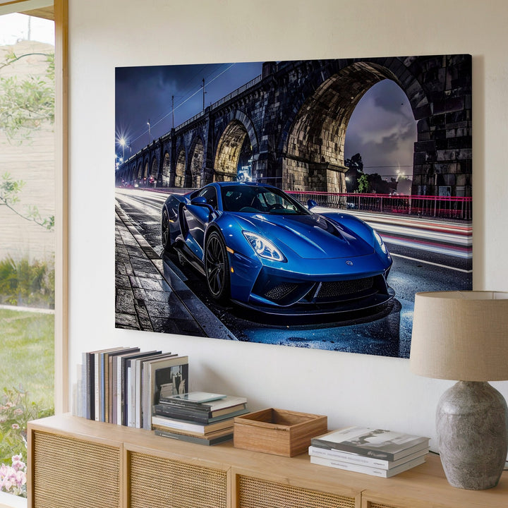 Midnight Velocity Canvas – Futuristic Blue Supercar Under City Bridge - Gifitto