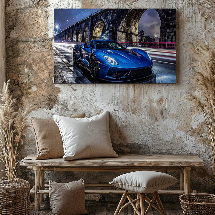 Midnight Velocity Canvas – Futuristic Blue Supercar Under City Bridge - Gifitto