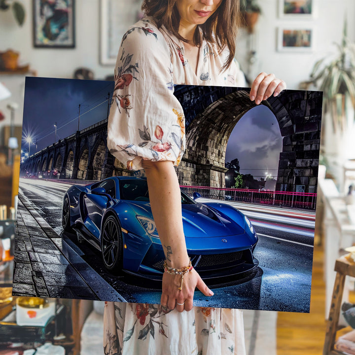 Midnight Velocity Canvas – Futuristic Blue Supercar Under City Bridge - Gifitto