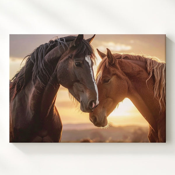 Sunset Bond Canvas – Two Horses Nuzzling in Golden Light - Gifitto