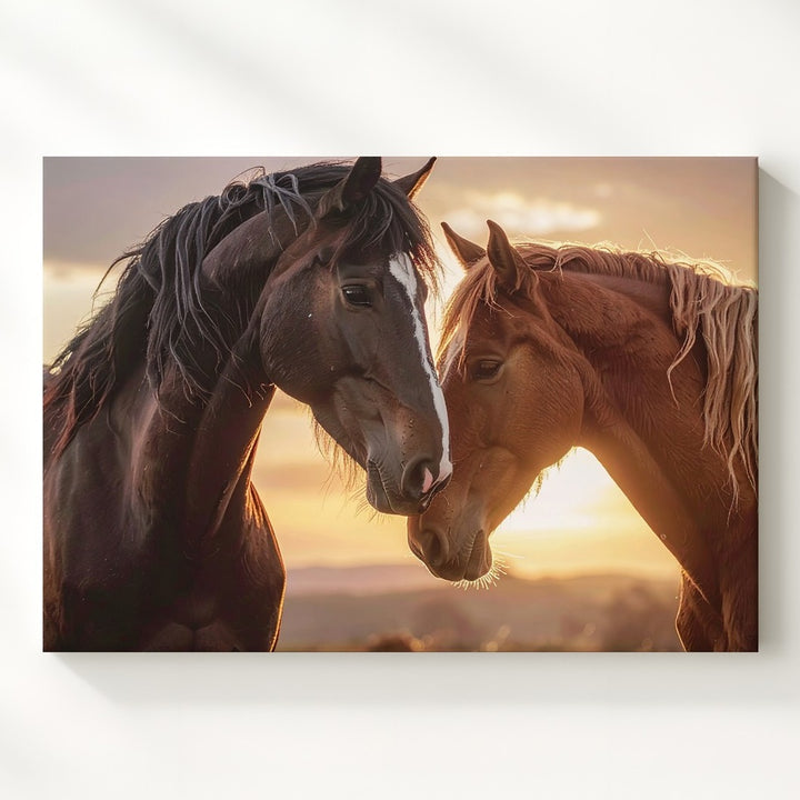 Sunset Bond Canvas – Two Horses Nuzzling in Golden Light - Gifitto