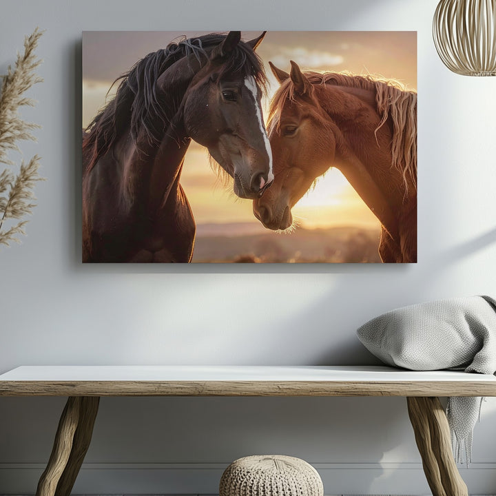 Sunset Bond Canvas – Two Horses Nuzzling in Golden Light - Gifitto