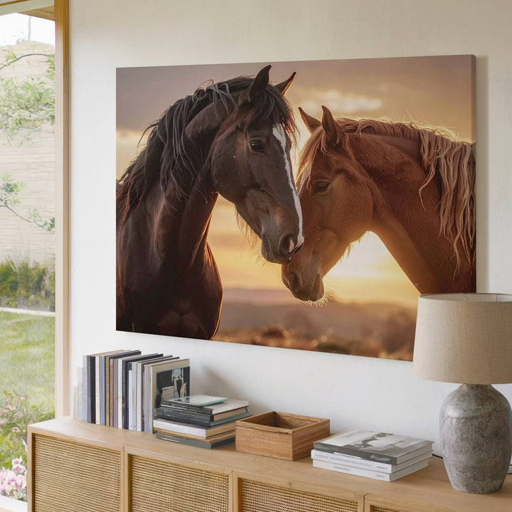 Sunset Bond Canvas – Two Horses Nuzzling in Golden Light - Gifitto