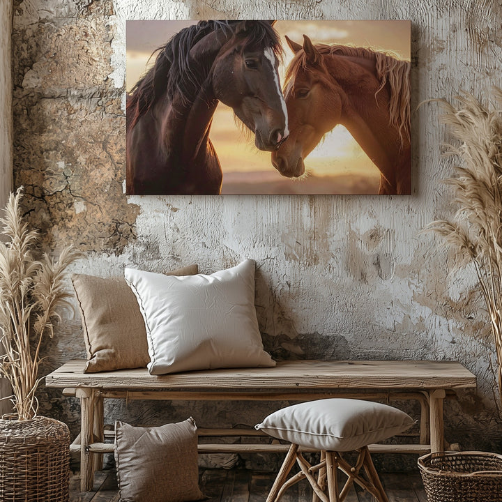 Sunset Bond Canvas – Two Horses Nuzzling in Golden Light - Gifitto