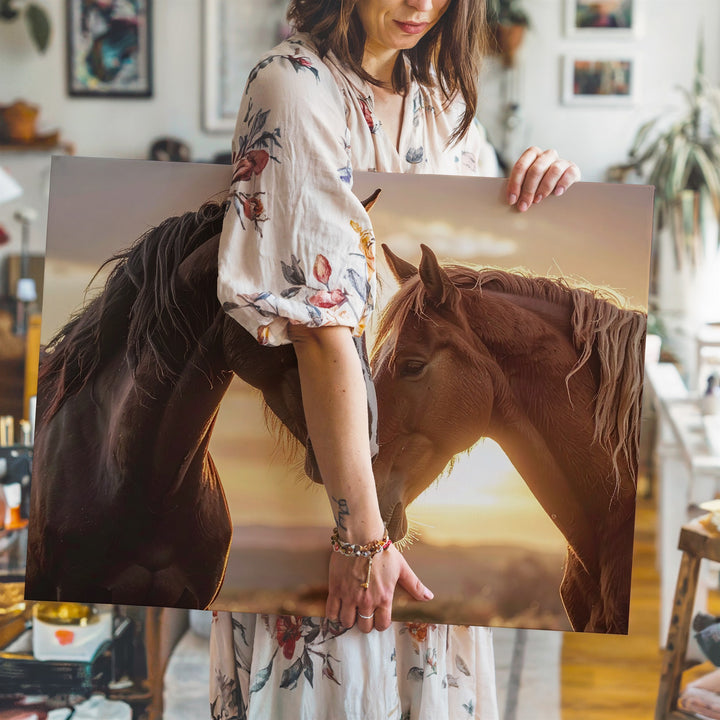 Sunset Bond Canvas – Two Horses Nuzzling in Golden Light - Gifitto