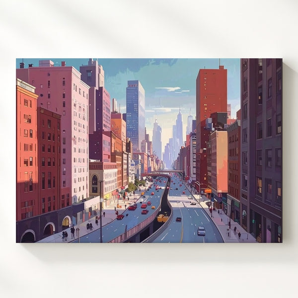 Pastel Future City Canvas – Surreal Utopian Highway Scene Wall Art