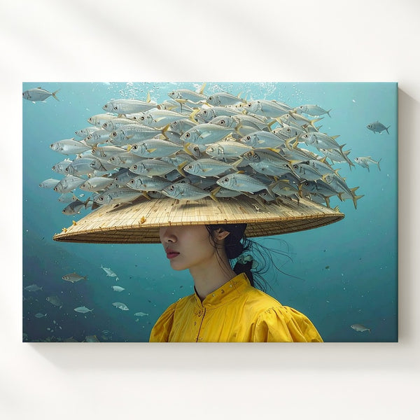 Underwater Crown of Fish Canvas – Surreal Aquatic Woman Portrait Art - Gifitto