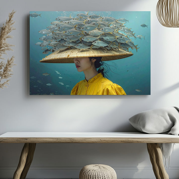 Underwater Crown of Fish Canvas – Surreal Aquatic Woman Portrait Art - Gifitto