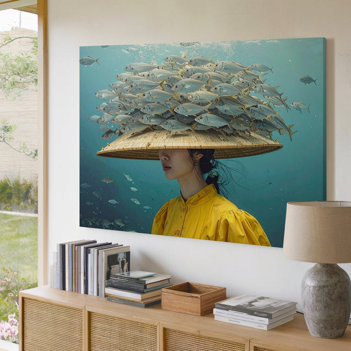Underwater Crown of Fish Canvas – Surreal Aquatic Woman Portrait Art - Gifitto