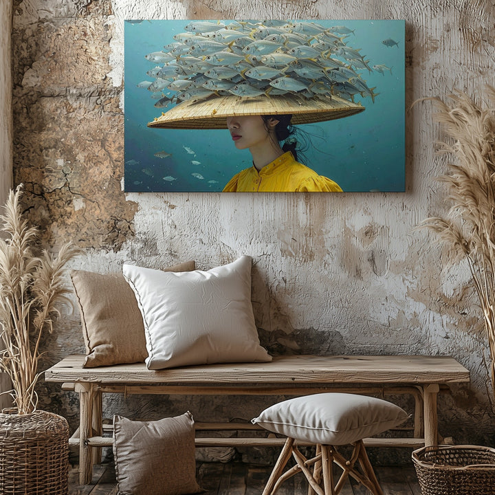 Underwater Crown of Fish Canvas – Surreal Aquatic Woman Portrait Art - Gifitto
