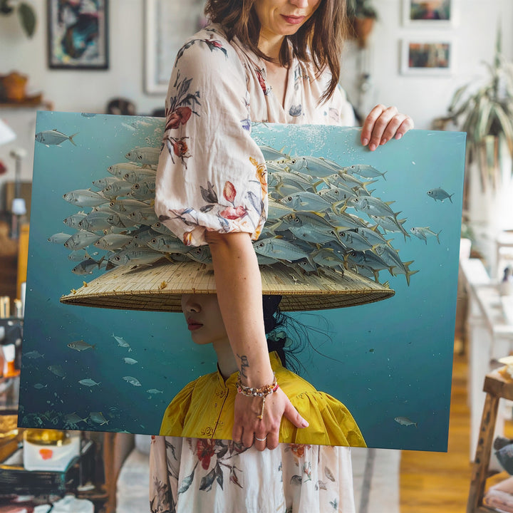 Underwater Crown of Fish Canvas – Surreal Aquatic Woman Portrait Art - Gifitto