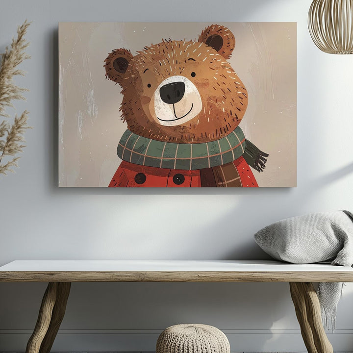 Friendly Bear in Red Coat Canvas – Cozy Nursery Wall Art - Gifitto