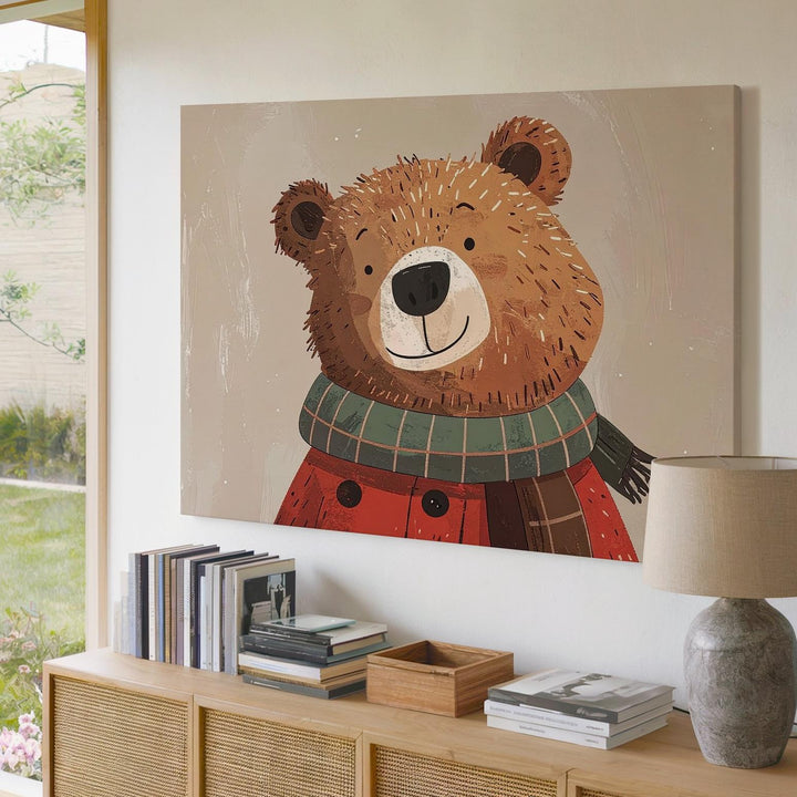 Friendly Bear in Red Coat Canvas – Cozy Nursery Wall Art - Gifitto