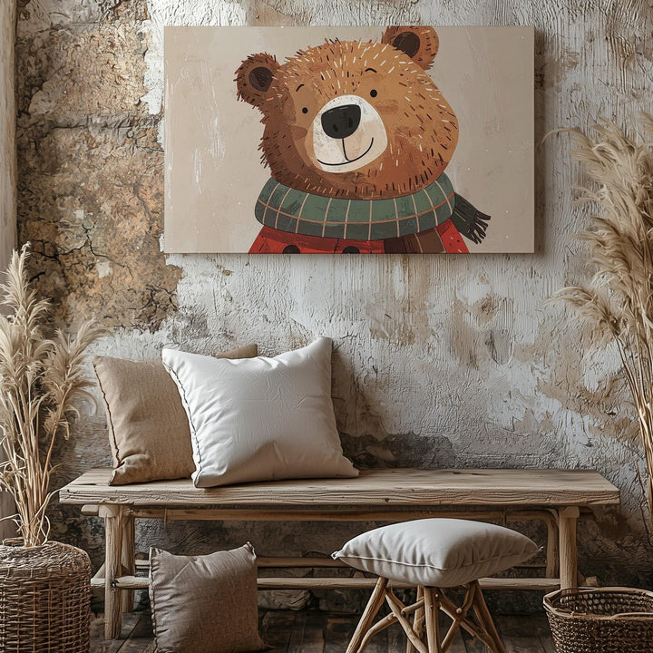 Friendly Bear in Red Coat Canvas – Cozy Nursery Wall Art - Gifitto