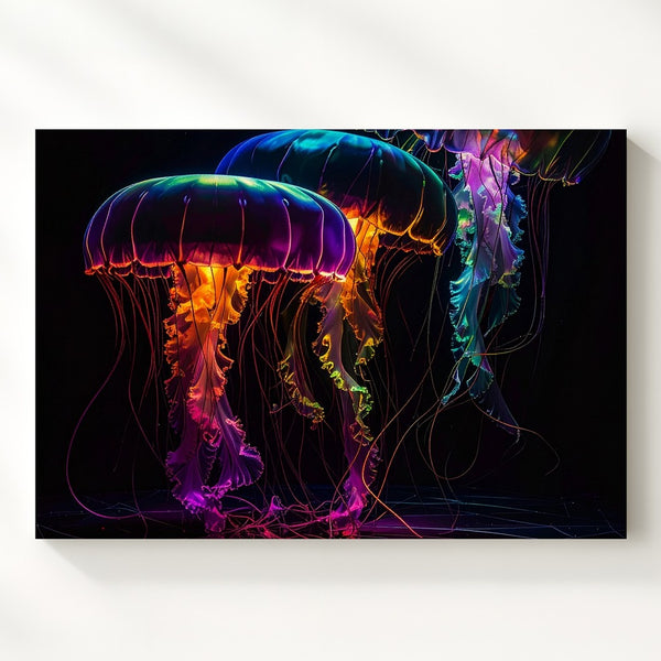Neon Trio Canvas – Bioluminescent Jellyfish in Futuristic Glow