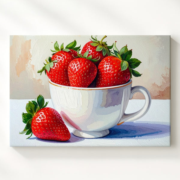 Strawberry Teacup Canvas – Whimsical Fruit Illustration with Playful Charm - Gifitto
