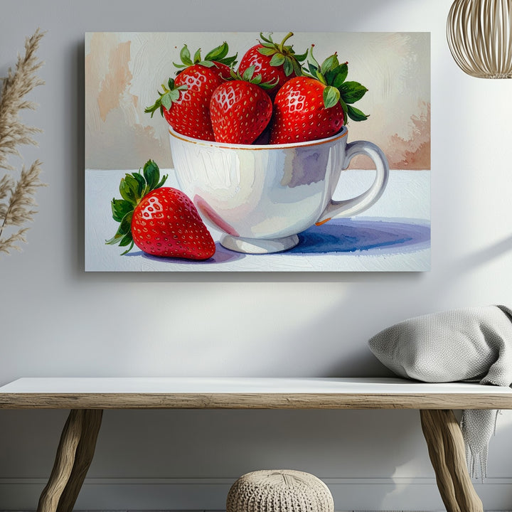Strawberry Teacup Canvas – Whimsical Fruit Illustration with Playful Charm - Gifitto