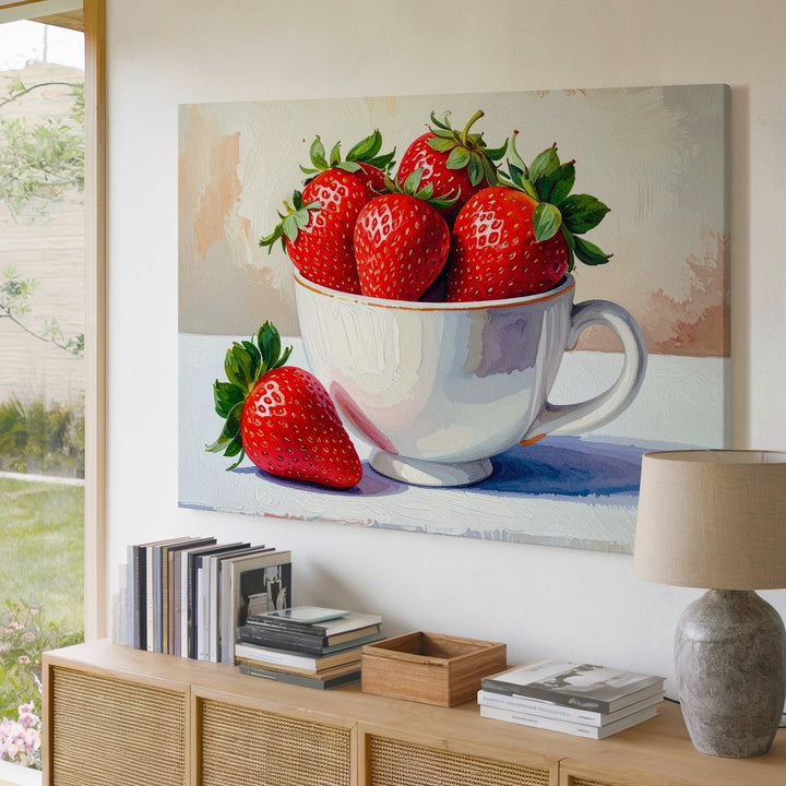 Strawberry Teacup Canvas – Whimsical Fruit Illustration with Playful Charm - Gifitto