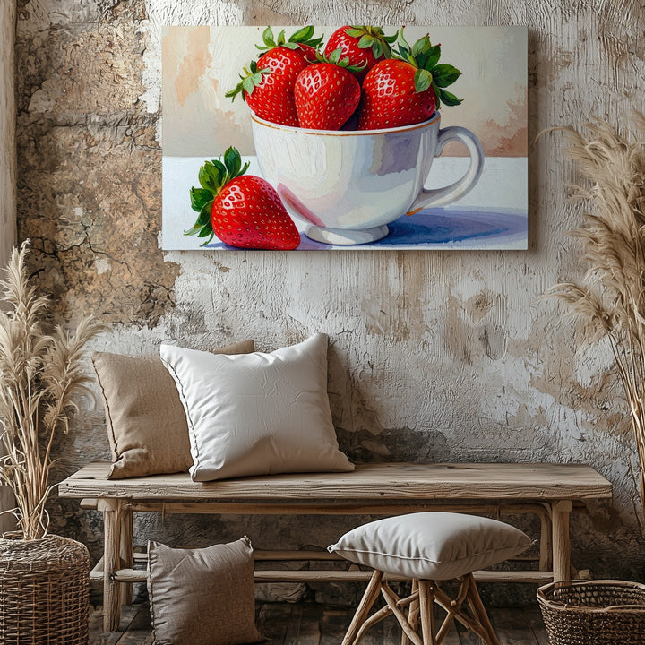 Strawberry Teacup Canvas – Whimsical Fruit Illustration with Playful Charm - Gifitto