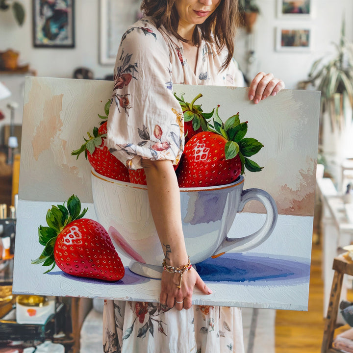 Strawberry Teacup Canvas – Whimsical Fruit Illustration with Playful Charm - Gifitto