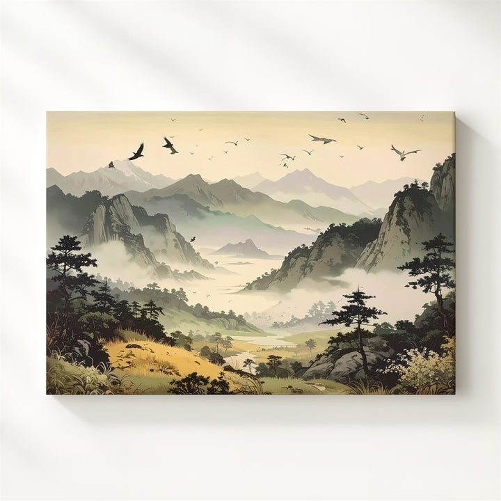 Misty Dawn Flight Canvas – Layered Mountain Scene with Birds & Morning Light - Gifitto