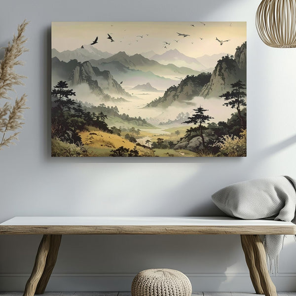 Misty Dawn Flight Canvas – Layered Mountain Scene with Birds & Morning Light - Gifitto