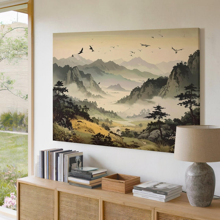 Misty Dawn Flight Canvas – Layered Mountain Scene with Birds & Morning Light - Gifitto