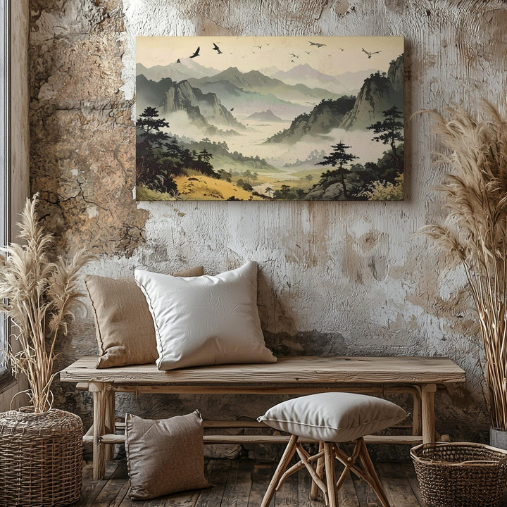 Misty Dawn Flight Canvas – Layered Mountain Scene with Birds & Morning Light - Gifitto