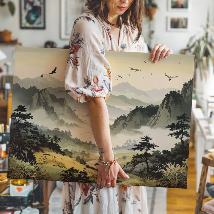 Misty Dawn Flight Canvas – Layered Mountain Scene with Birds & Morning Light - Gifitto