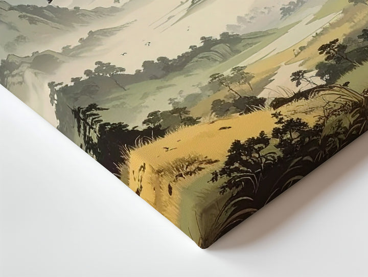 Misty Dawn Flight Canvas – Layered Mountain Scene with Birds & Morning Light - Gifitto